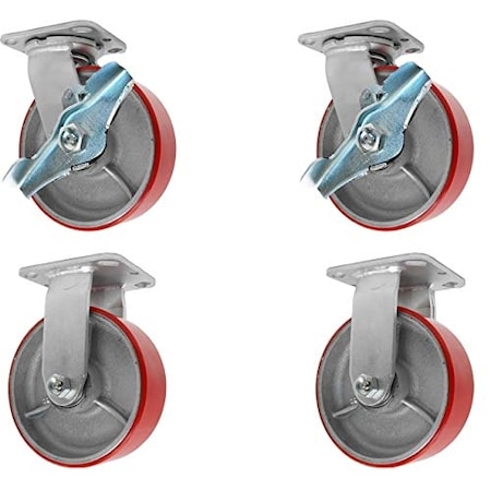 Casterhq 8"x2" Heavy Duty Caster Set W/ Red Polyurethane on Steel Wheels, 1 8ICS